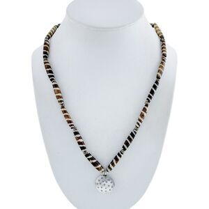 Estate Sterling Silver African Batik Bone Beaded Necklace with Pendant 19.5"